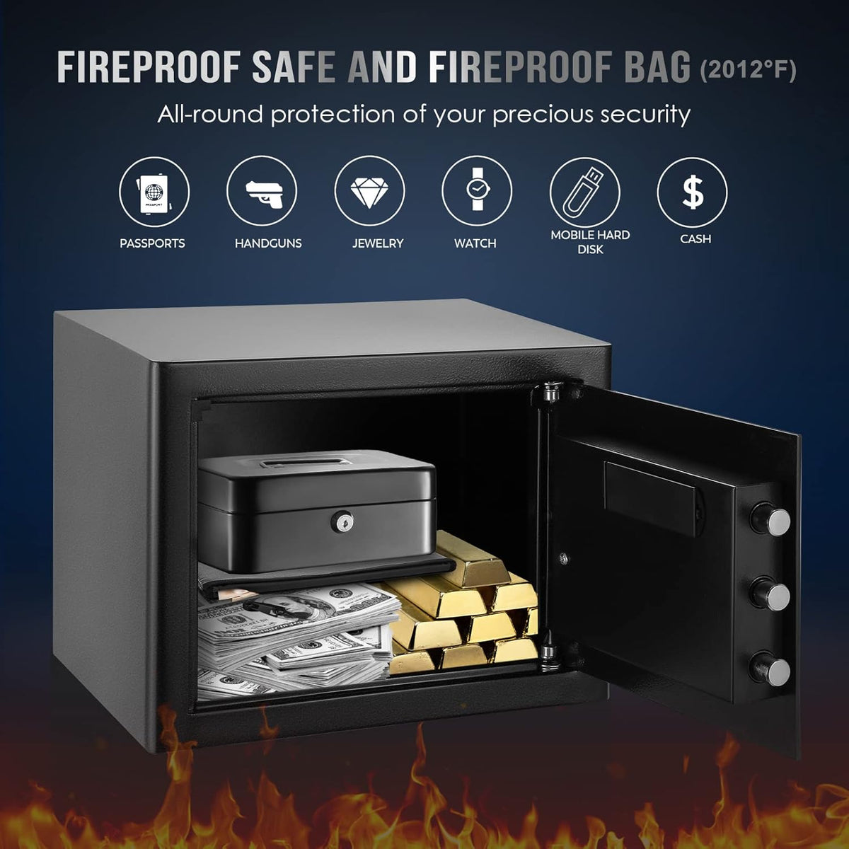 Fireproof Waterproof Safe Box with Lock and Bag P994