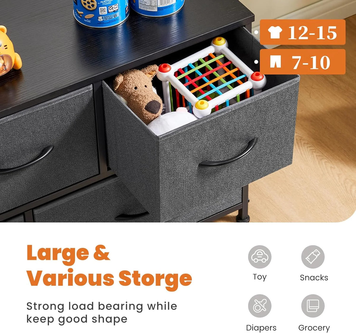 5 Fabric Drawer Dresser with Wood Top and Steel Frame B1491