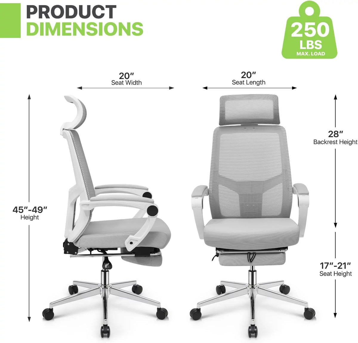 Grey Ergonomic High Back Mesh Office Chair with Footrest X5687
