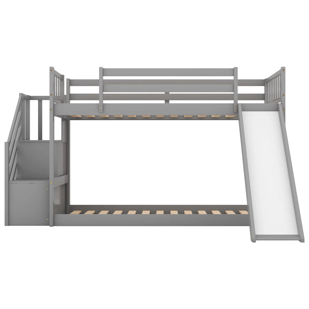 Gray Wood Twin over Twin Bunk Bed with Slide and Staircase J8787