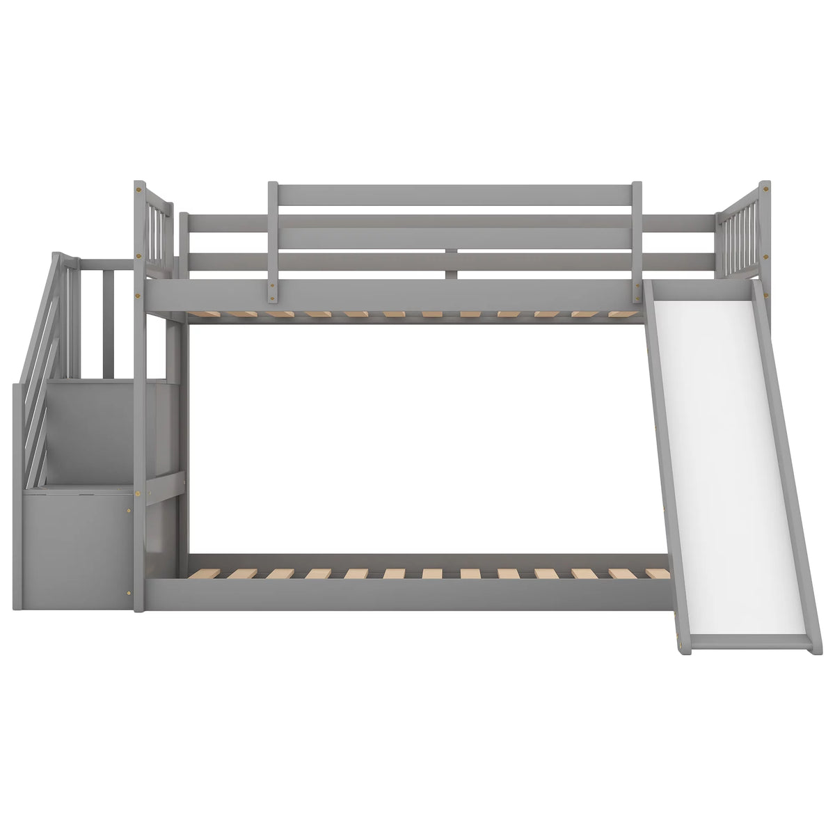 Gray Wood Twin over Twin Bunk Bed with Slide and Staircase J8787