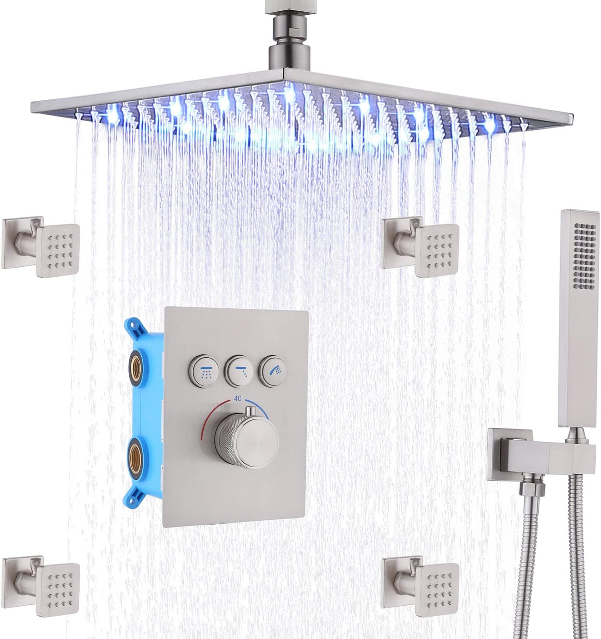12 Inch LED Rain Shower System with Body Jets and Handheld T466807