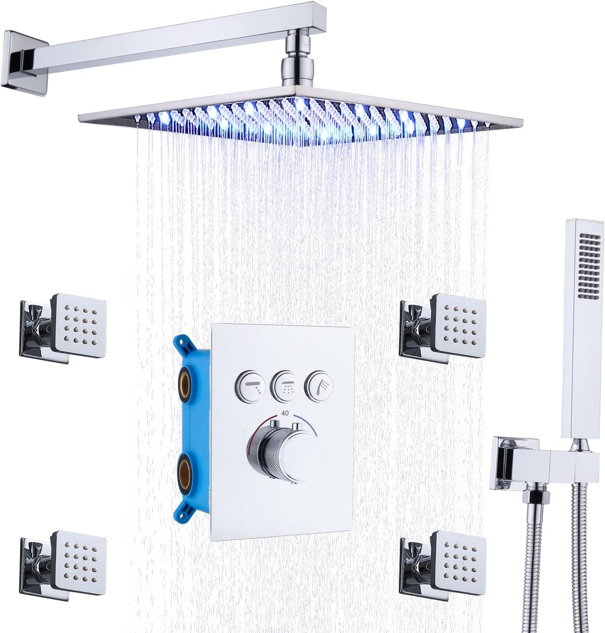 12 Inch LED Rain Shower System with Body Jets and Handheld T466807