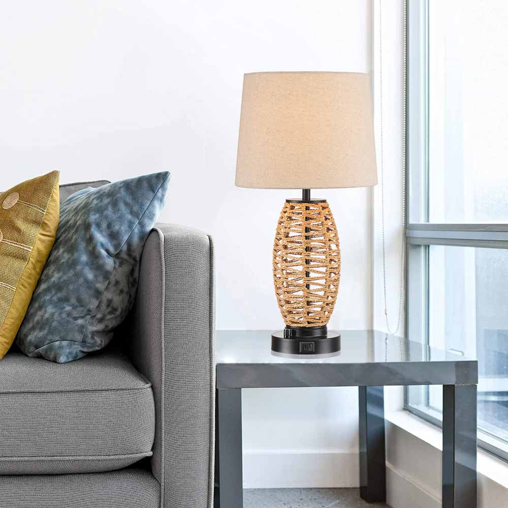 0-100% Dimmable Coastal Rattan Table Lamp with 2 USB Ports J202146