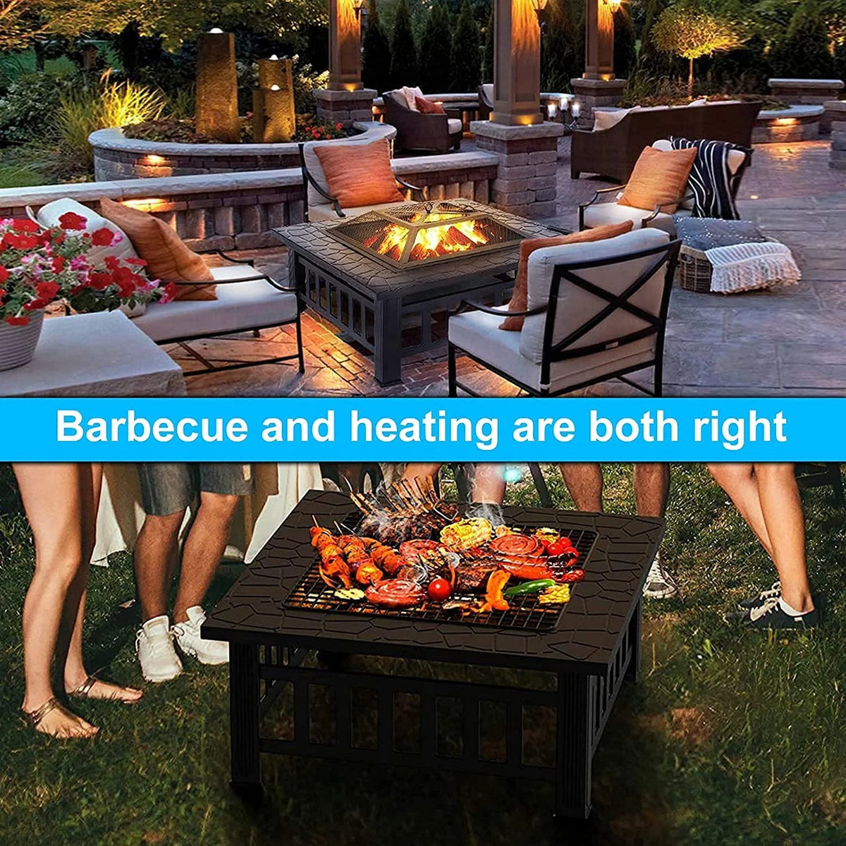 32 Square Iron Wood Burning Fire Pit with BBQ Net Y431