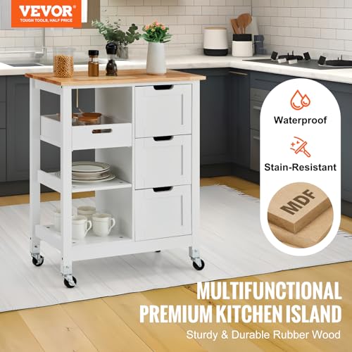 White 26 inch Rolling Kitchen Island Cart with 3 Drawers and Shelves K12249