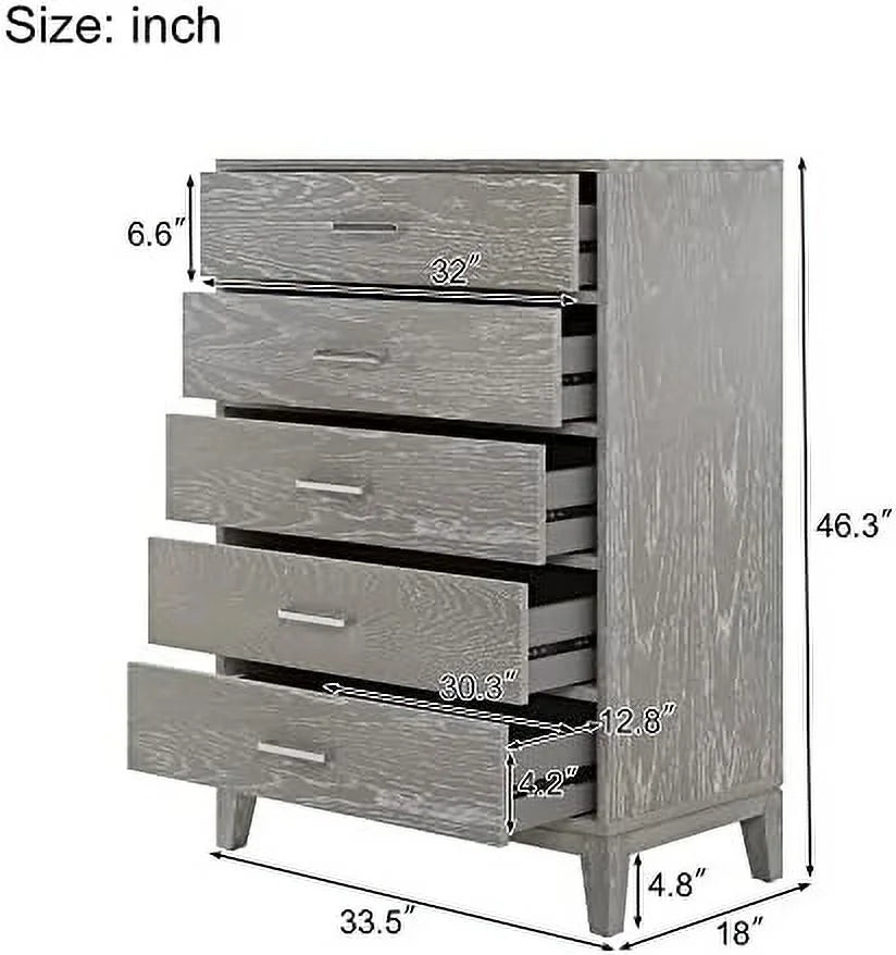 Grey 5-Drawer Dresser Chest of Drawers with Metal Handles N192