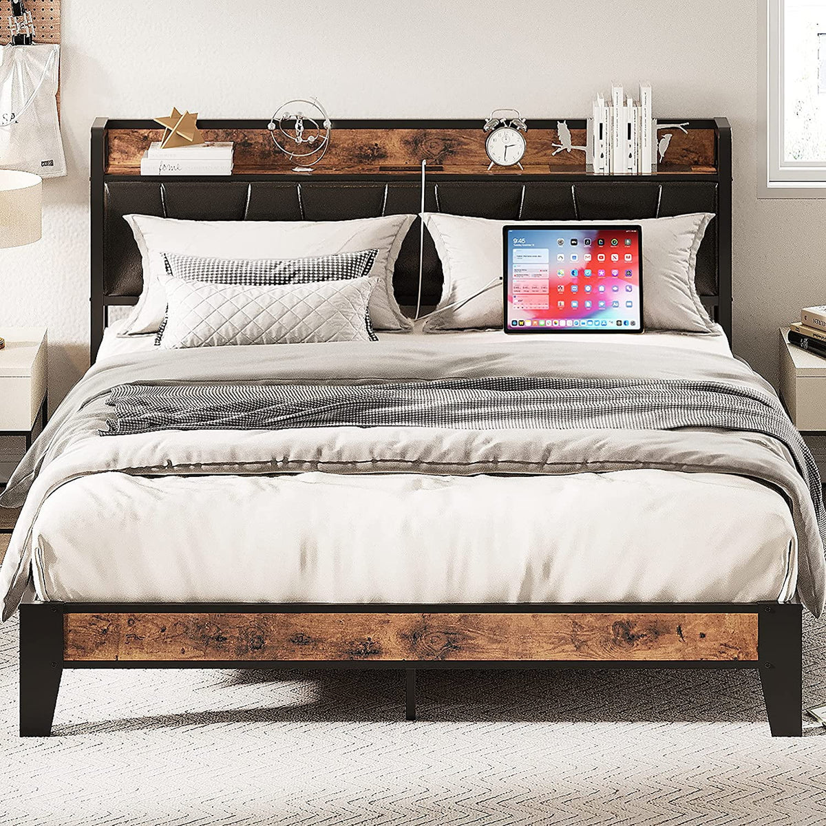 King Metal Bed Frame with Black Storage Headboard F7401