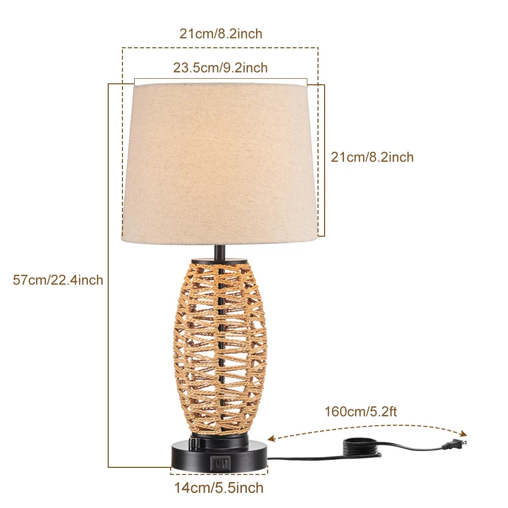 0-100% Dimmable Coastal Rattan Table Lamp with 2 USB Ports J202146