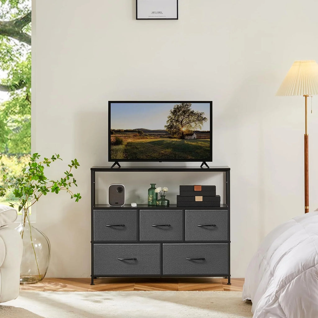 5 Fabric Drawer Dresser with Wood Top and Steel Frame B1491