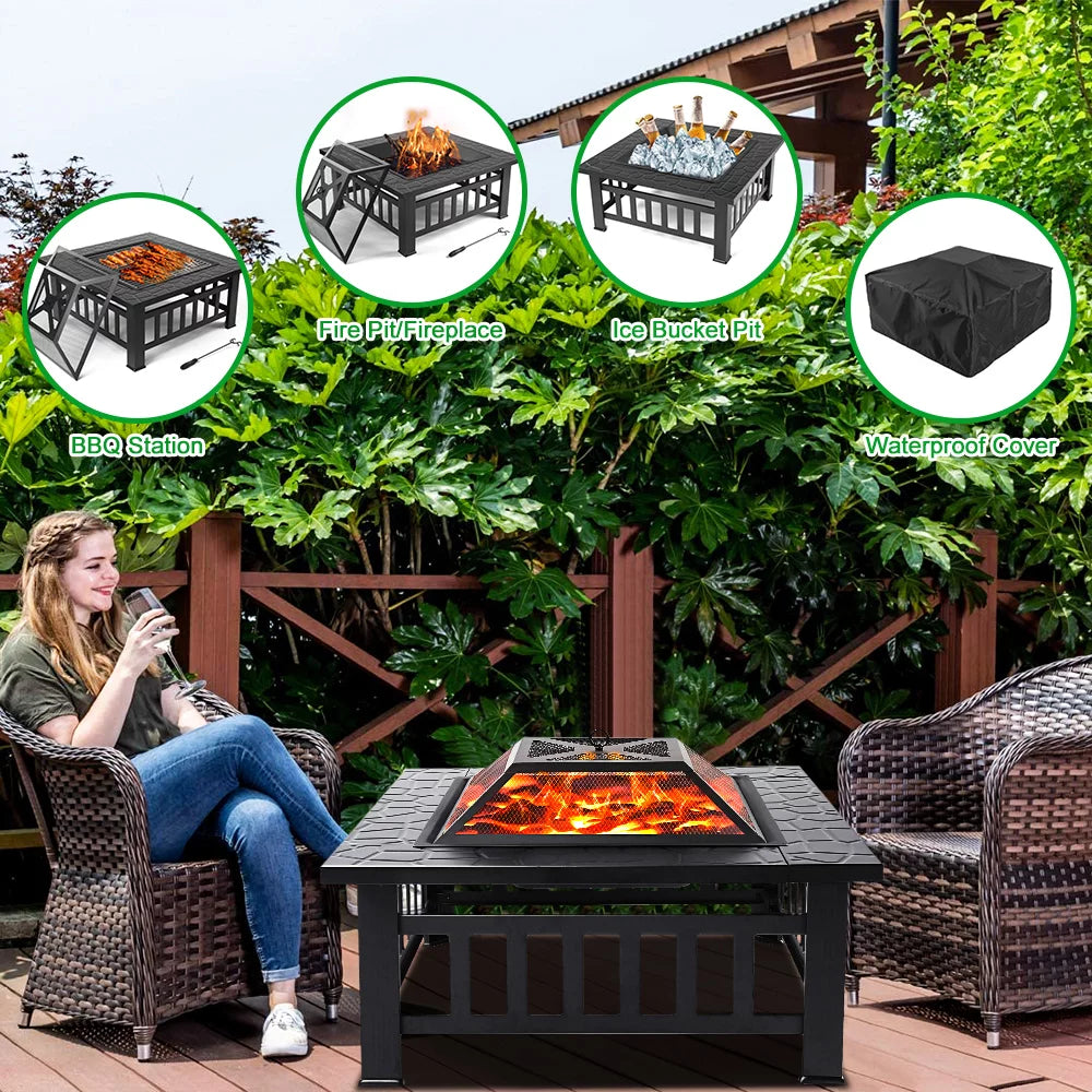 32 Square Iron Wood Burning Fire Pit with BBQ Net Y431