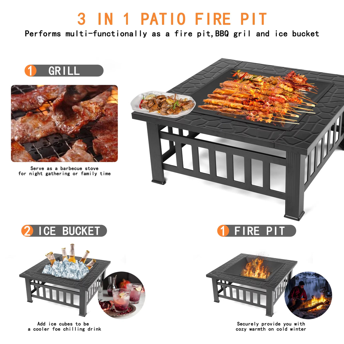 32 Square Iron Wood Burning Fire Pit with BBQ Net Y431