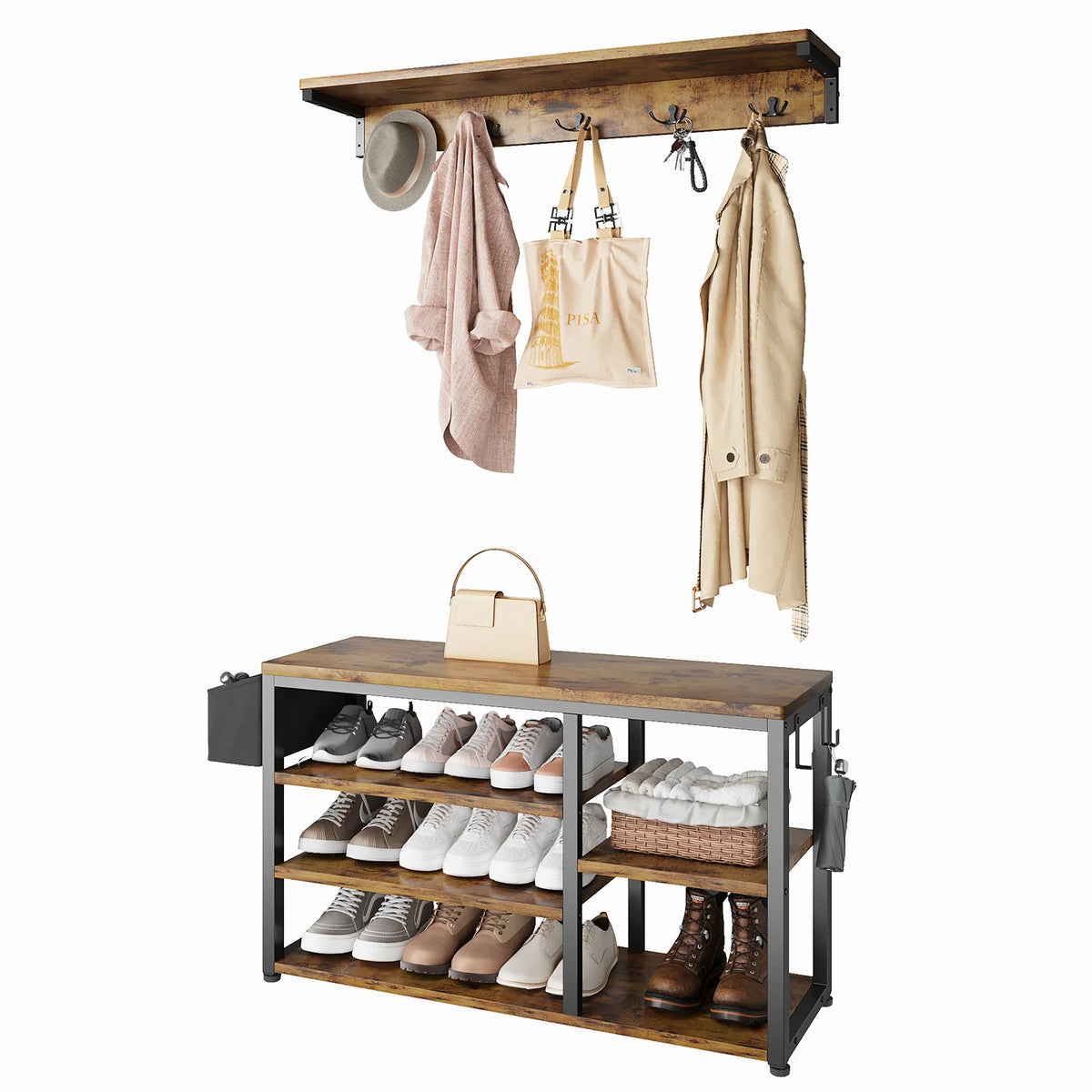 Hall Tree with Bench and Shoe Storage, 5 Hooks, Rustic Brown F3119