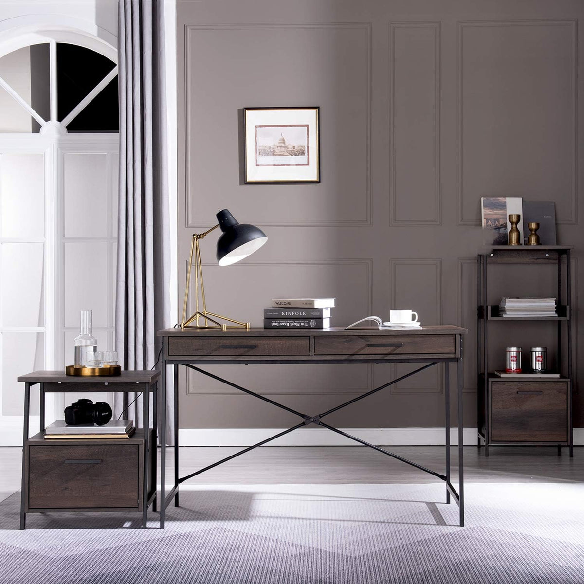Smoky Oak Bookcase with Storage Shelf and Drawer M9033