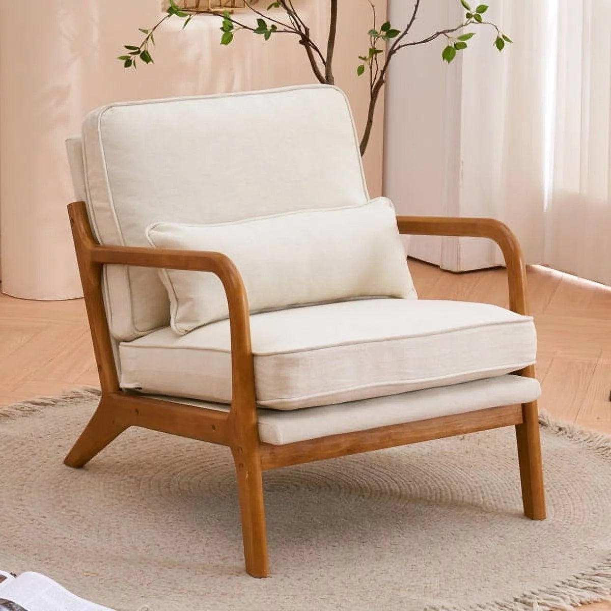 Beige Upholstered Wood Frame Accent Chair with Lumbar Pillow N524
