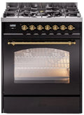 30 Dual Fuel Natural Gas Range in Black with Brass Trim E476