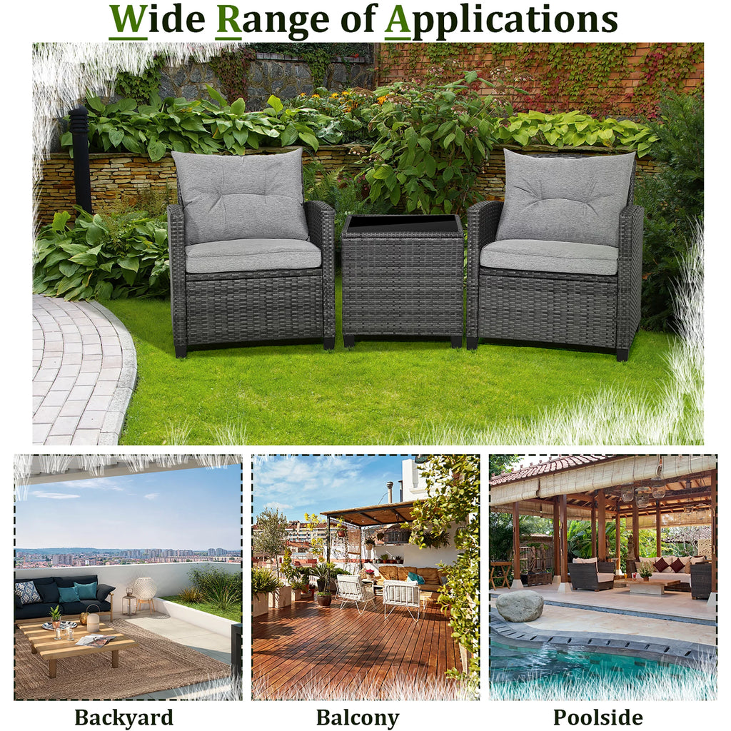 3 Pcs Patio Rattan Sofa Set with Grey Cushion K852849