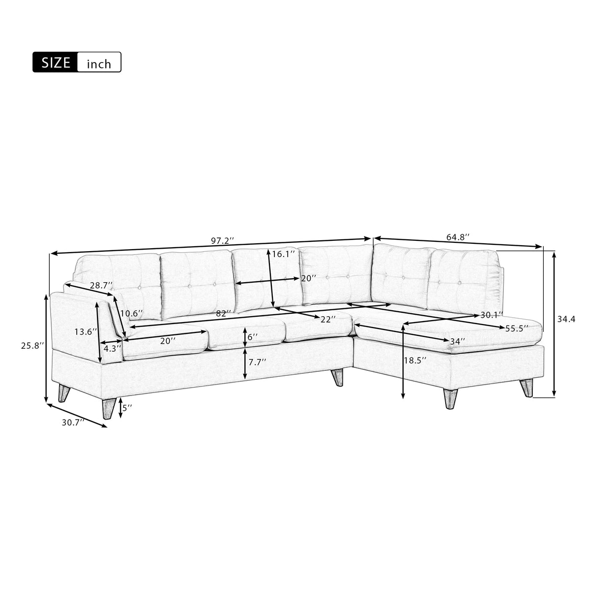 L-Shape Sectional Sofa with Chaise Lounge Gray N331223