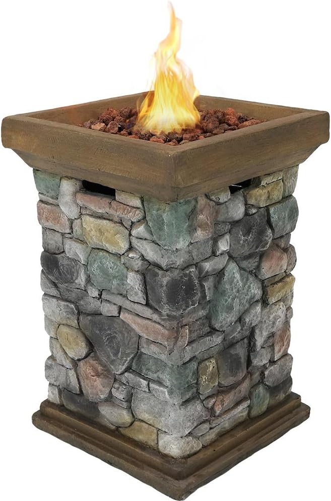 Propane Fire Pit Column with Cast Rock Design, Lava Rocks, Waterproof Cover, and Steel Burner, 30 Inch Tall F651932