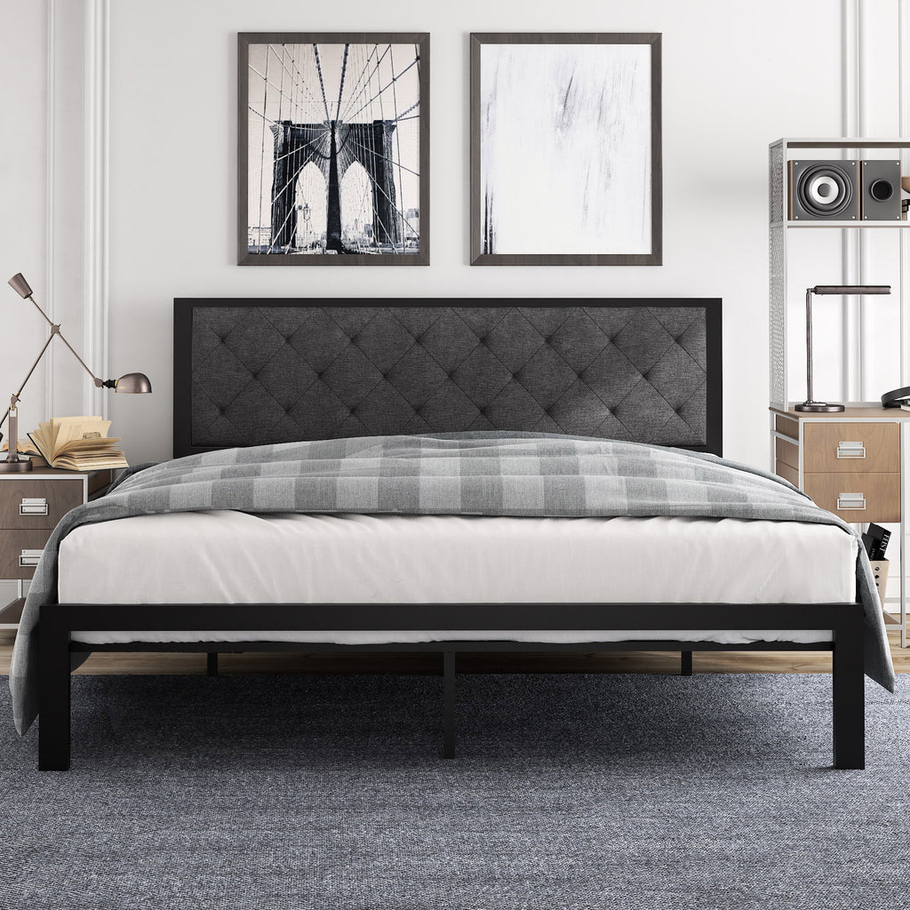 King Size Metal Bed Frame with Upholstered Headboard L441