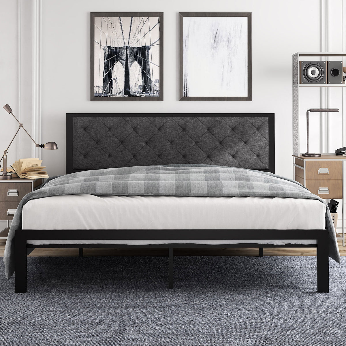 King Size Metal Bed Frame with Upholstered Headboard L441