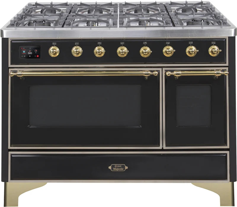 48 Dual Fuel Propane Gas Range Glossy Black Brass Trim Y340