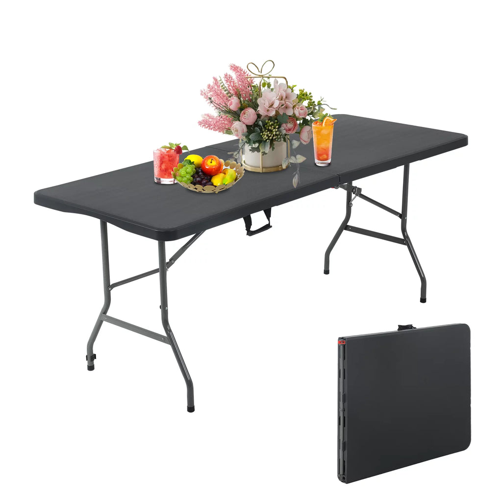 6ft Black Plastic Folding Table with Carrying Handle M19329