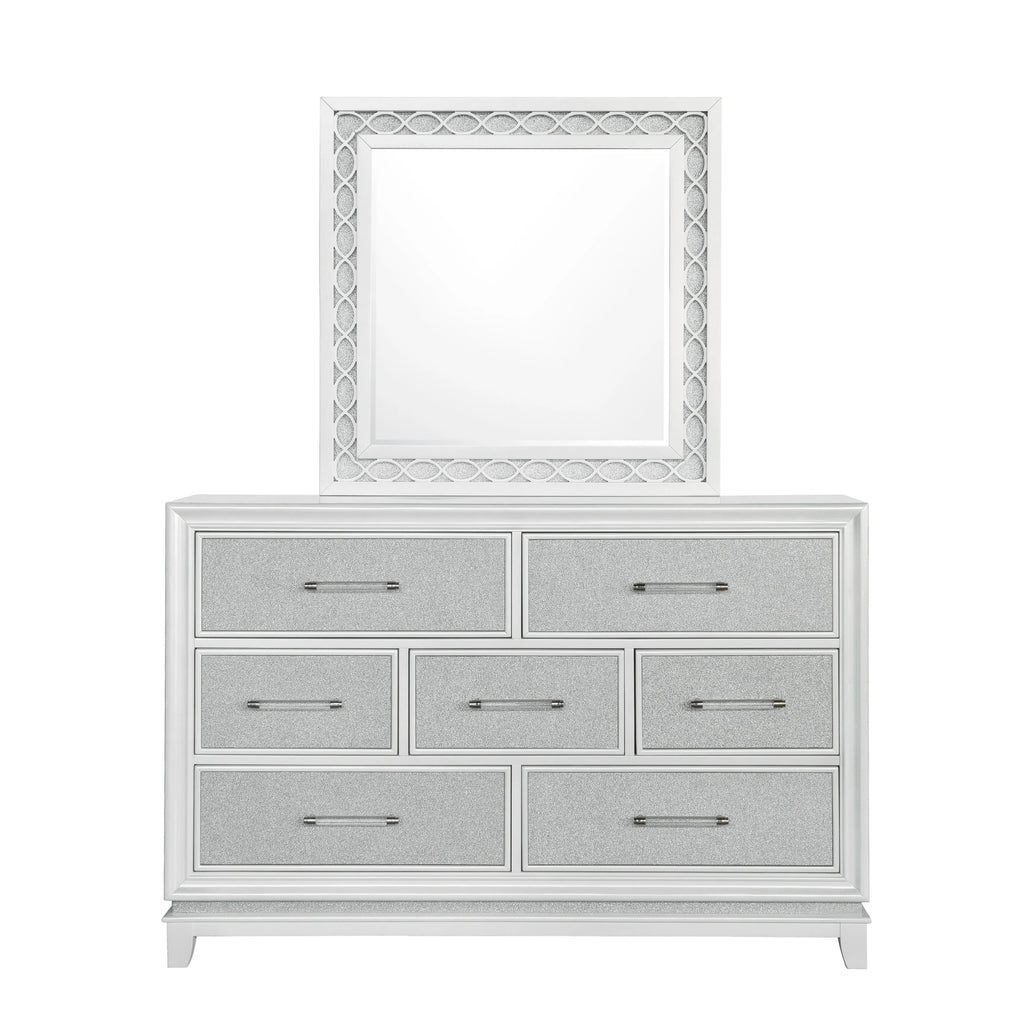 King 5-Piece Bedroom Set with LED Lights, Tufted Bed, Dresser, Mirror, and 2 Nightstands in Pearlized White M65742