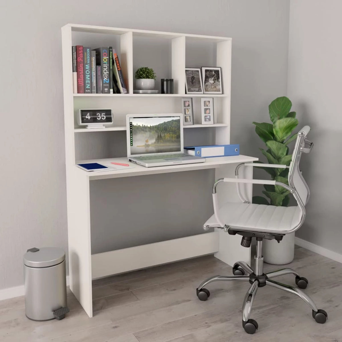 White Engineered Wood Desk with Shelves Z755