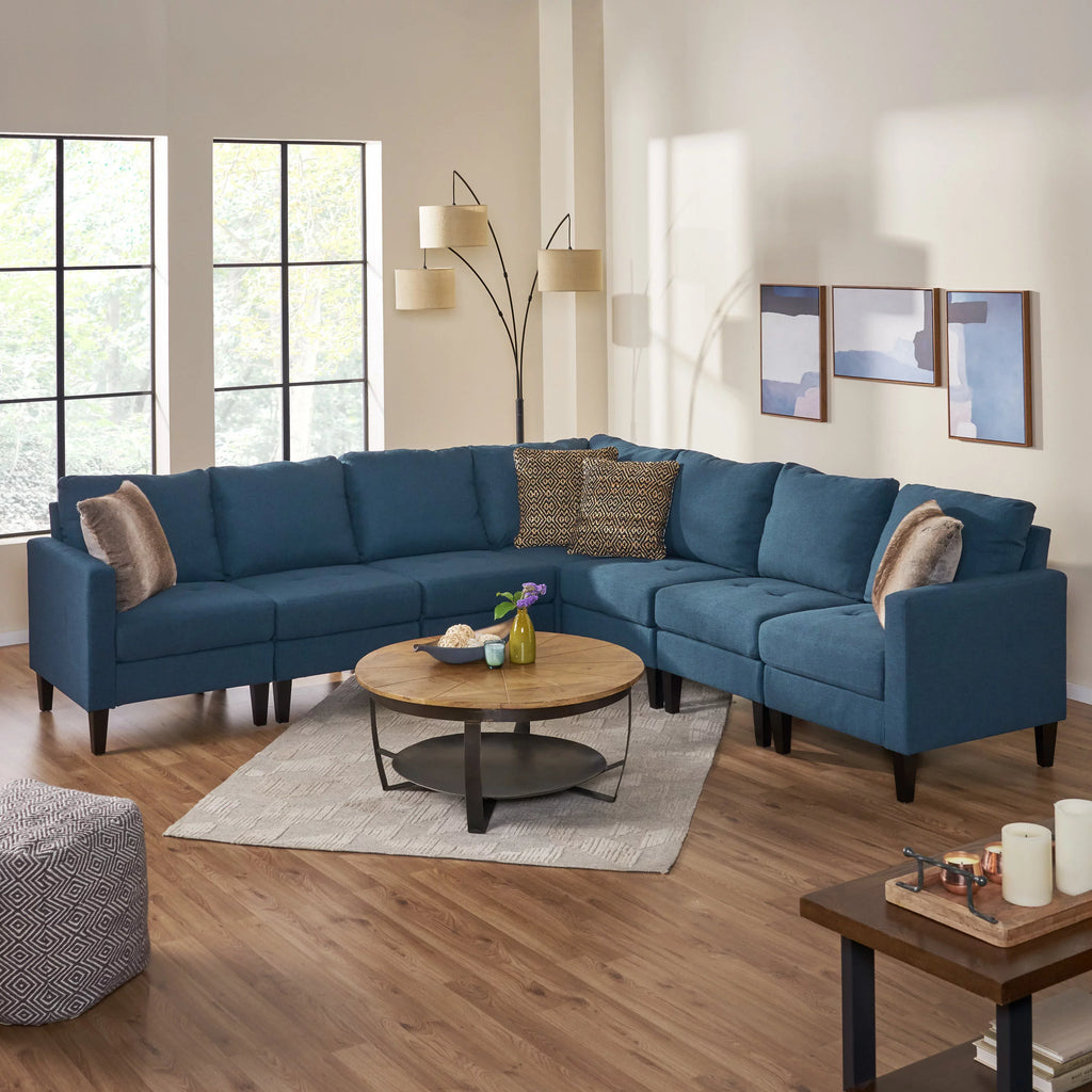7 Piece Dark Blue Fabric Sectional Couch S506