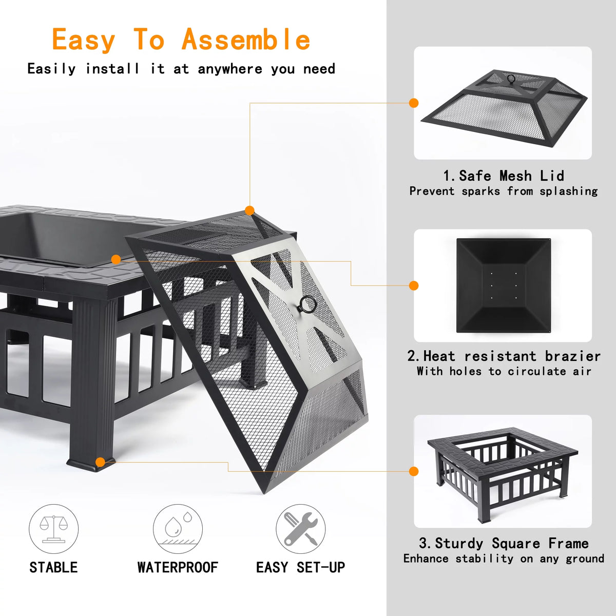 32 Square Iron Wood Burning Fire Pit with BBQ Net Y431