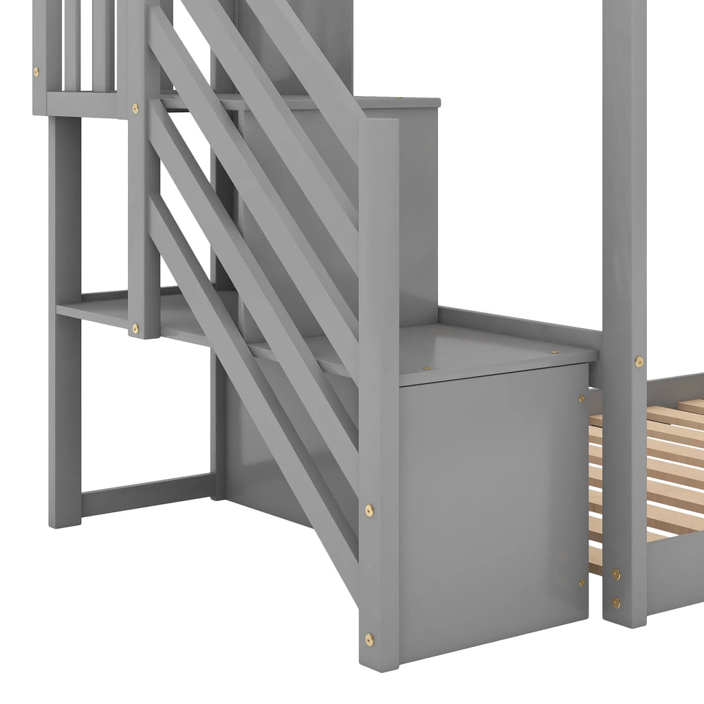 Gray Wood Twin over Twin Bunk Bed with Slide and Staircase J8787
