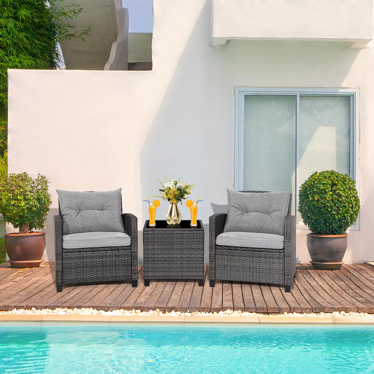 3 Pcs Patio Rattan Sofa Set with Grey Cushion K852849