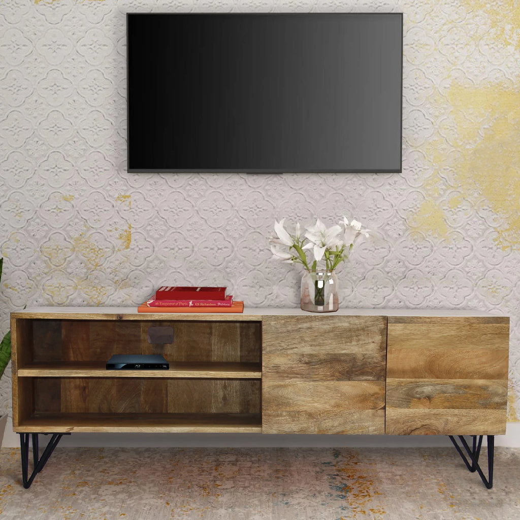 Mango Wood and Metal TV Stand With Storage Cabinet K2097