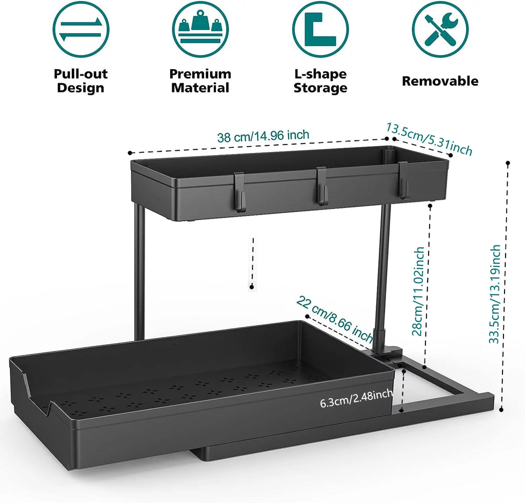 2 Tier L-Shape Under Sink Organizer with Hooks B4087