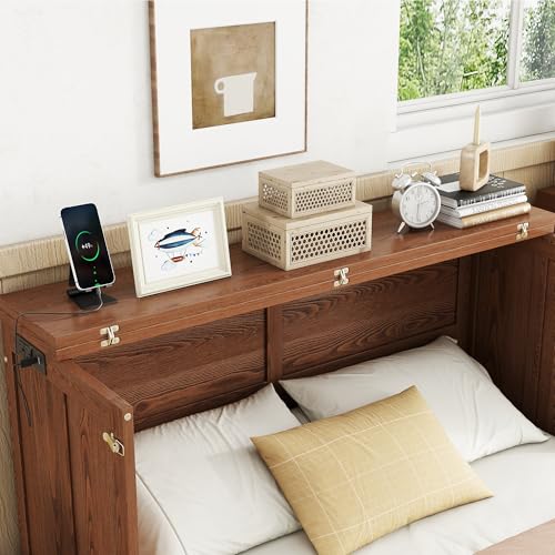 Full Size Walnut Murphy Bed with Charging Station and Drawers Q2726