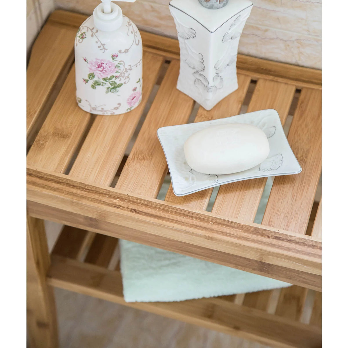 Bamboo Shower Bench with Storage Shelf W953002