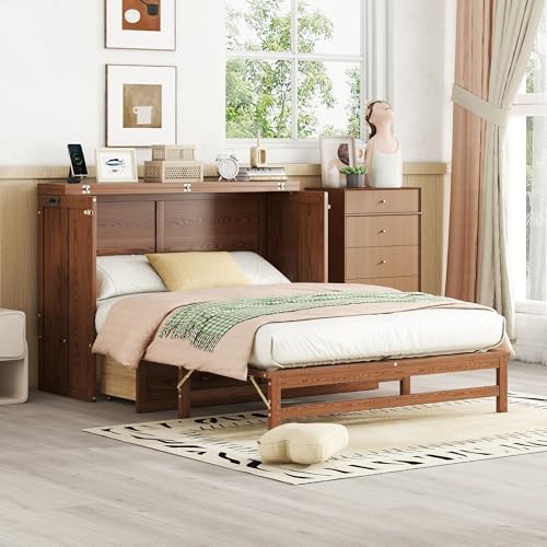 Full Size Walnut Murphy Bed with Charging Station and Drawers Q2726