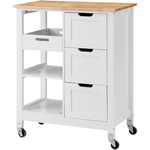 White 26 inch Rolling Kitchen Island Cart with 3 Drawers and Shelves K12249