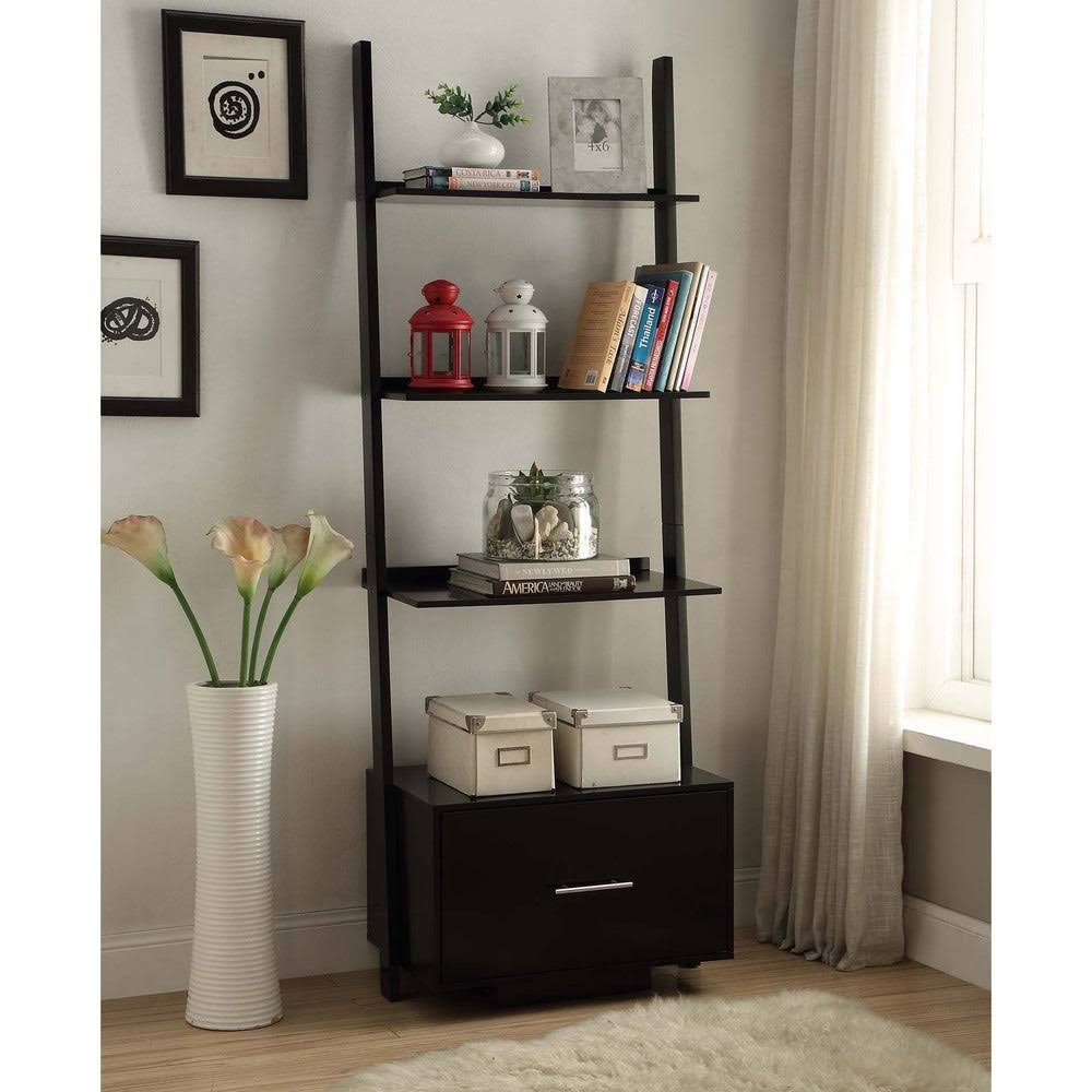 Dark Walnut Ladder Bookcase with File Drawer J13343