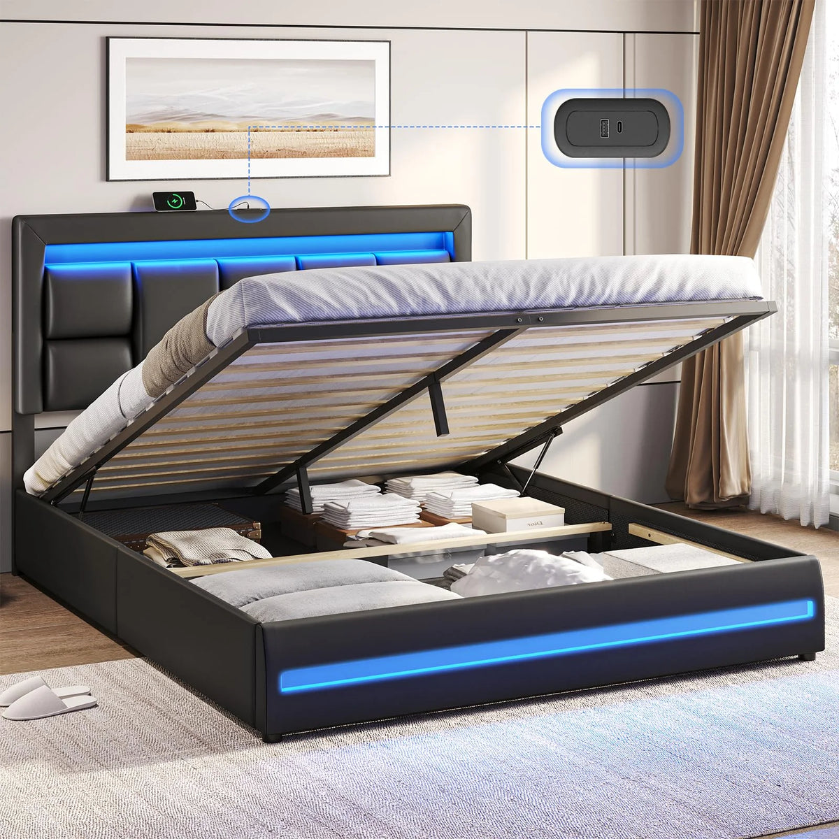 Queen Size Lift Up Upholstered Platform Bed Frame with Storage and LED Headboard I75024
