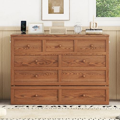 Full Size Walnut Murphy Bed with Charging Station and Drawers Q2726
