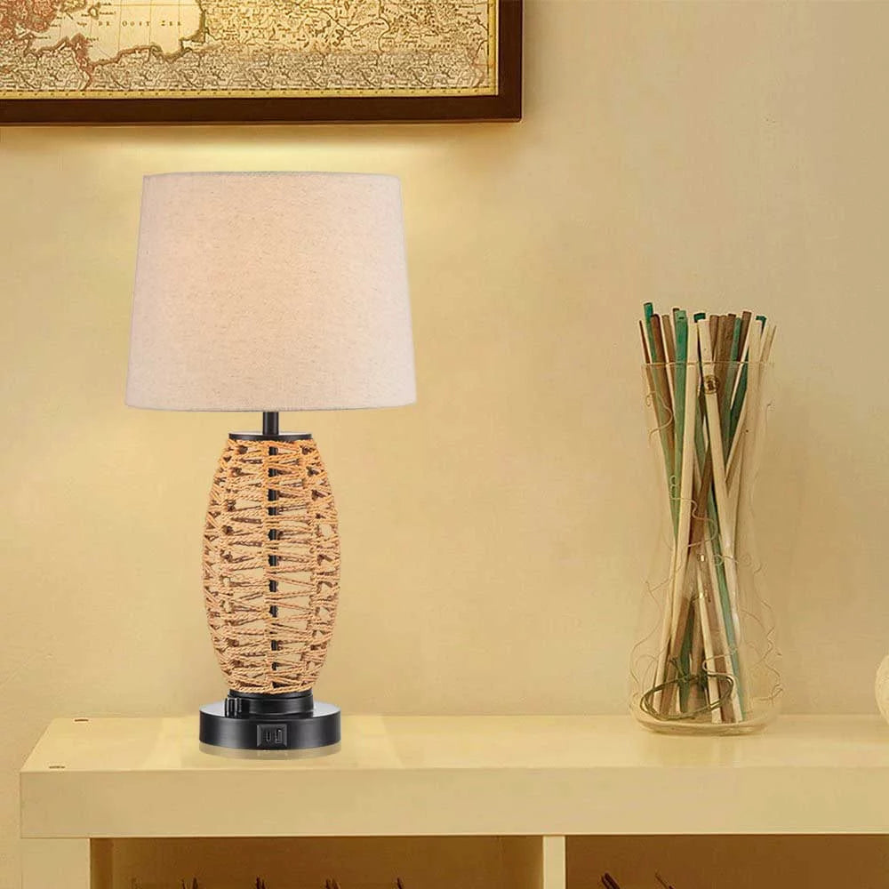 0-100% Dimmable Coastal Rattan Table Lamp with 2 USB Ports J202146