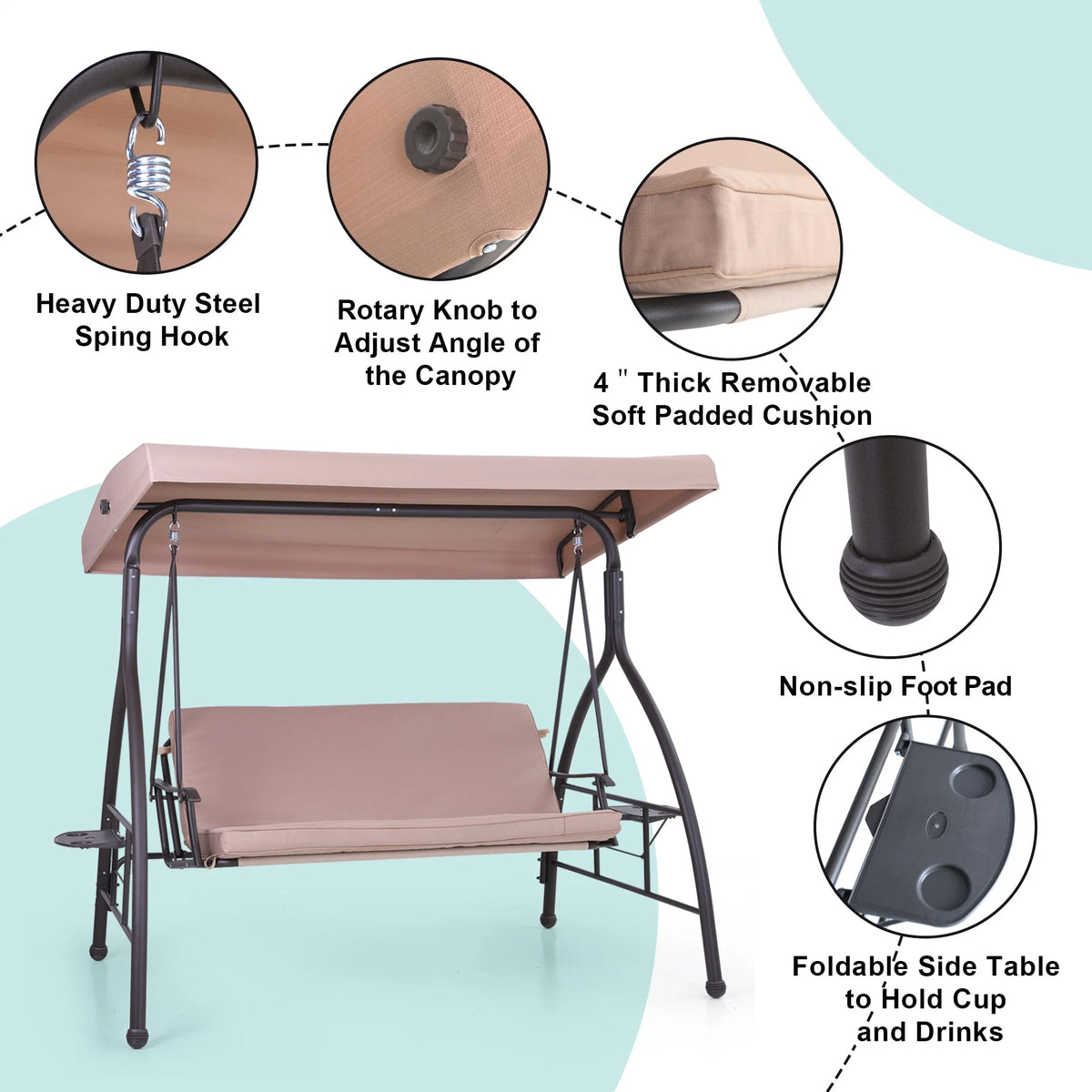 3-Seat Outdoor Converting Canopy Swing Glider Hammock with Foldable Side Table - Beige I5023