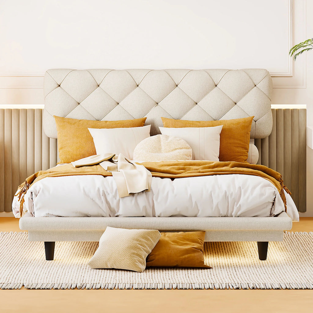 Full Size Upholstered Floating Platform Bed Linen Fabric Beige B6925