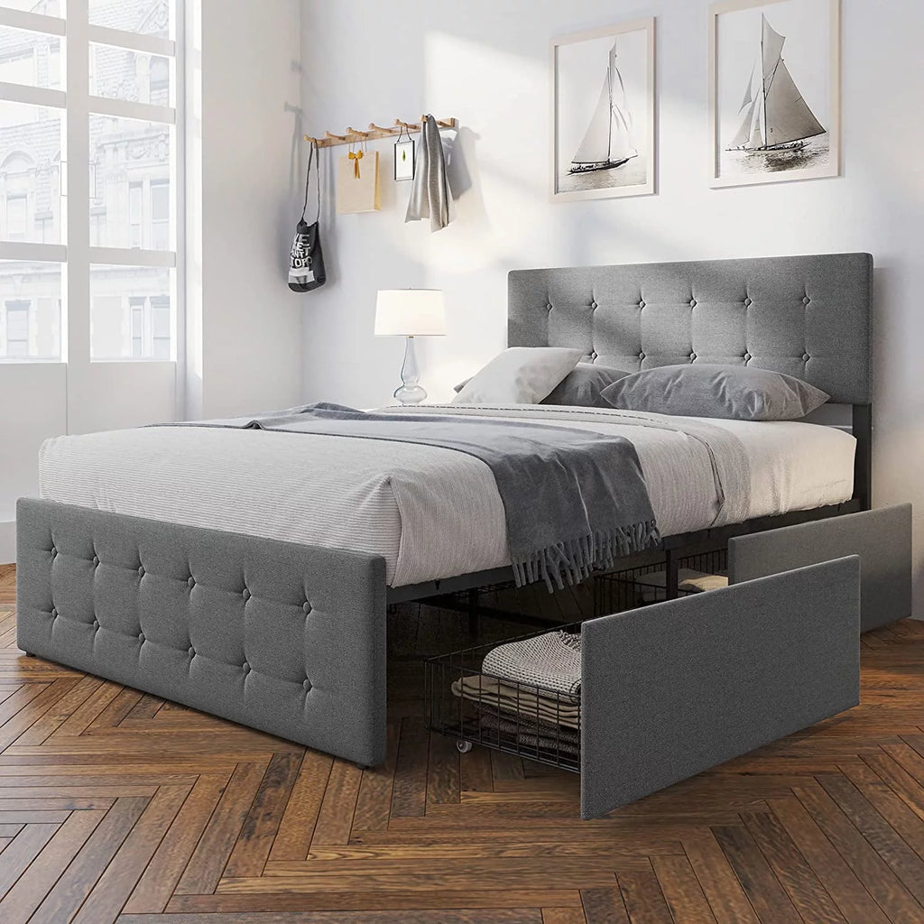 Upholstered Platform Bed Frame with Headboard and 4 Drawers L758