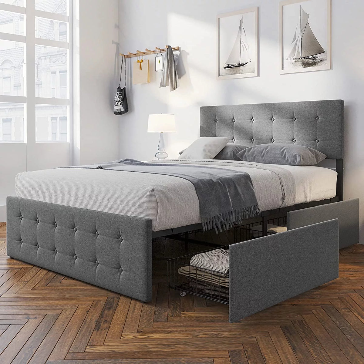Upholstered Platform Bed Frame with Headboard and 4 Drawers L758
