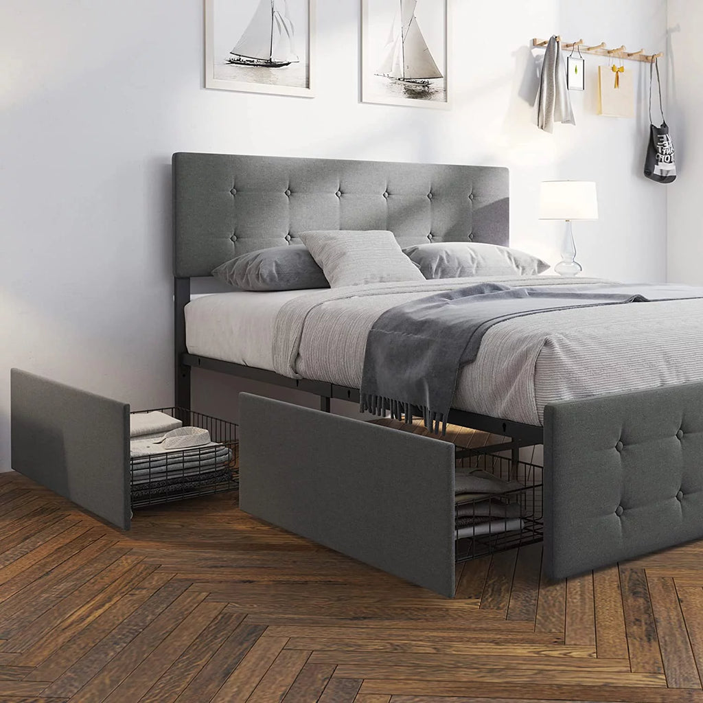 Upholstered Platform Bed Frame with Headboard and 4 Drawers L758
