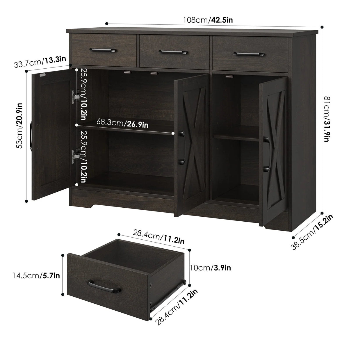 White 3 Drawer Kitchen Buffet Sideboard Cabinet with Adjustable Shelf J781