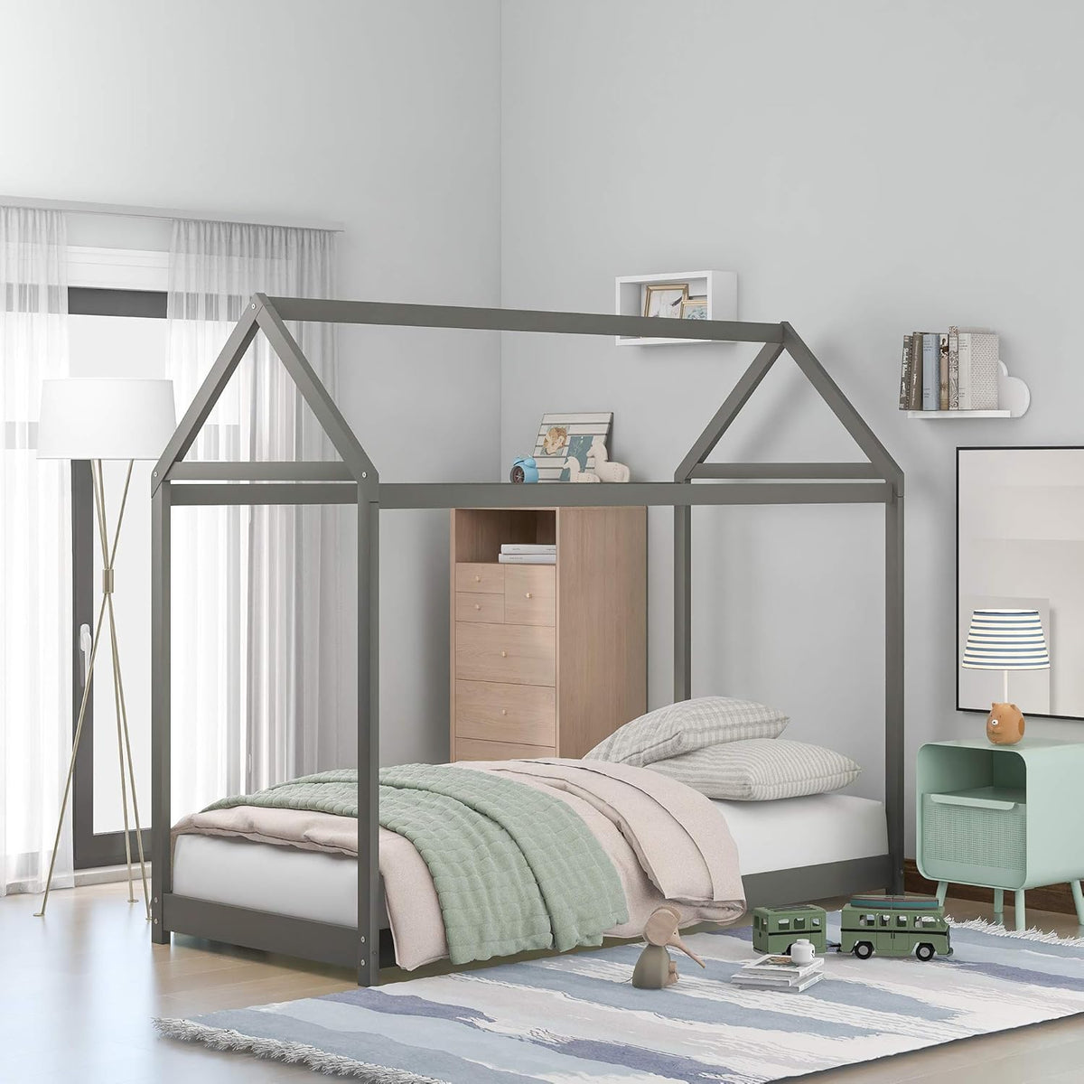 Twin Size Wood House Bed Frame with Fence L43326